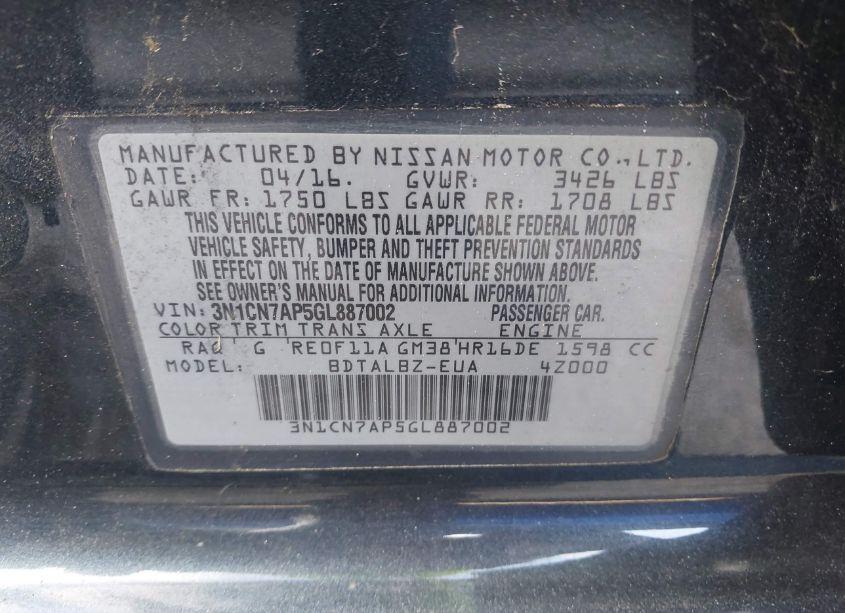 Photo 9 of 2016 Nissan Versa 1.6 S/1.6 S+/1.6 SL/1.6 SV (VIN 3N1CN7AP5GL887002)