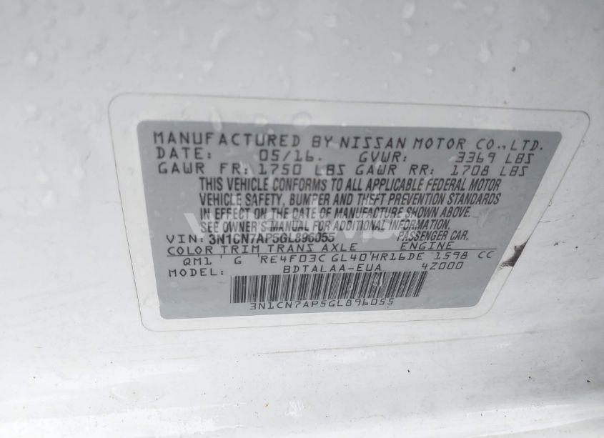 Photo 9 of 2016 Nissan Versa 1.6 S (VIN 3N1CN7AP5GL896055)