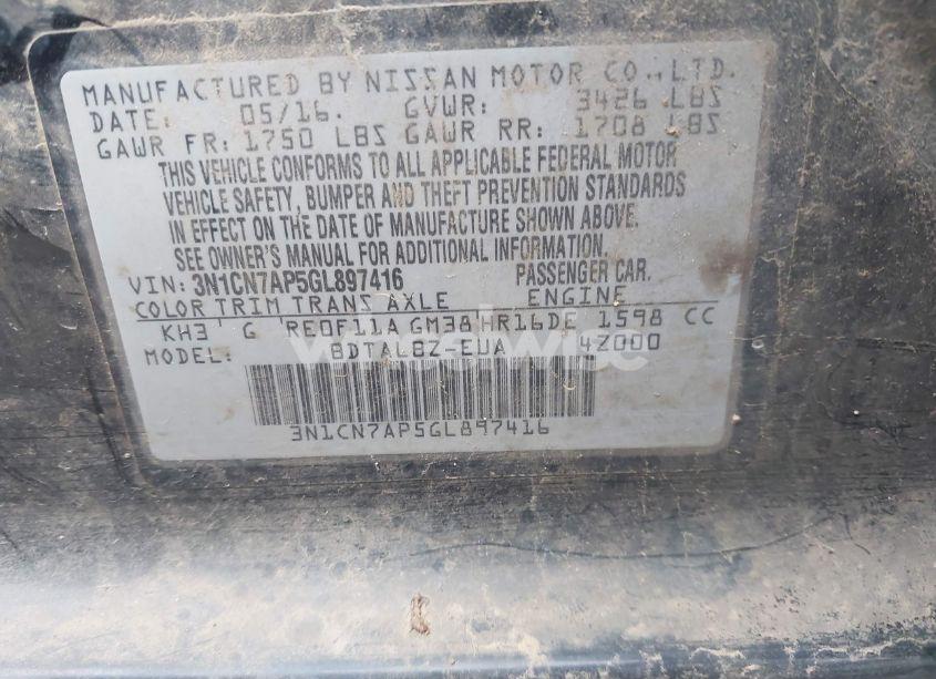 Photo 9 of 2016 Nissan Versa 1.6 SV (VIN 3N1CN7AP5GL897416)