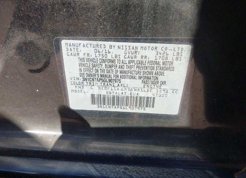 Photo 9 of 2016 Nissan Versa 1.6 S+ (VIN 3N1CN7AP5GL907975)