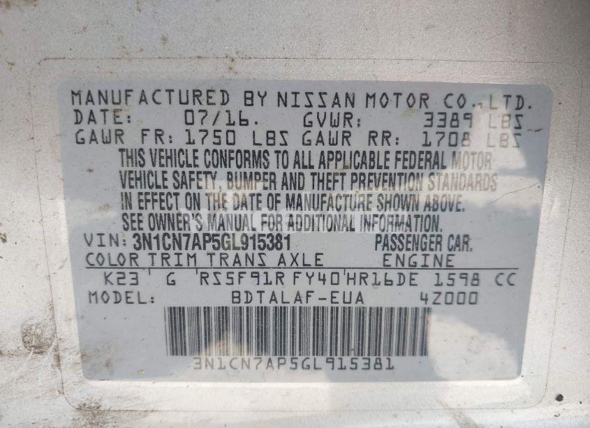 Photo 9 of 2016 Nissan Versa 1.6 S (VIN 3N1CN7AP5GL915381)