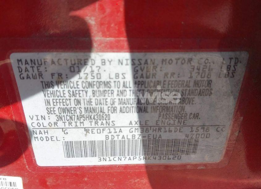 Photo 9 of 2017 Nissan Versa 1.6 SV (VIN 3N1CN7AP5HK430620)