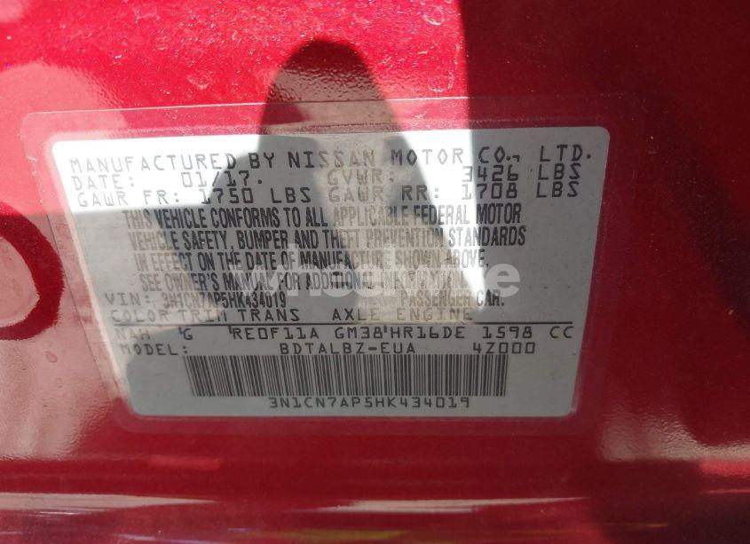 Photo 9 of 2017 Nissan Versa 1.6 SV (VIN 3N1CN7AP5HK434019)