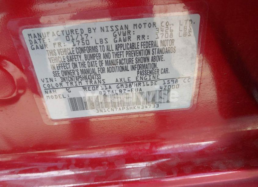 Photo 9 of 2017 Nissan Versa 1.6 SV (VIN 3N1CN7AP5HK434733)