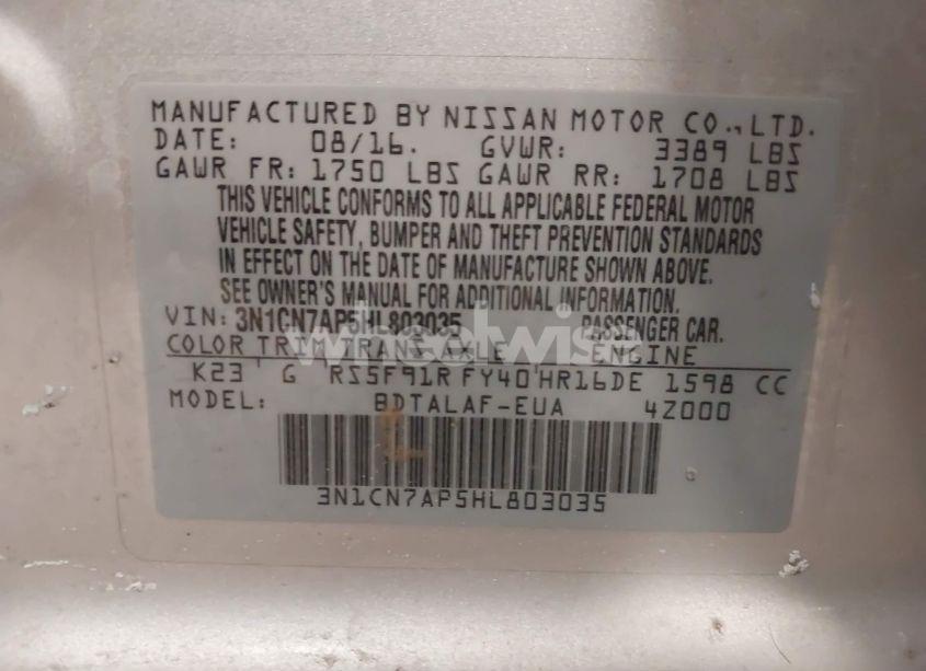 Photo 9 of 2017 Nissan Versa 1.6 S (VIN 3N1CN7AP5HL803035)