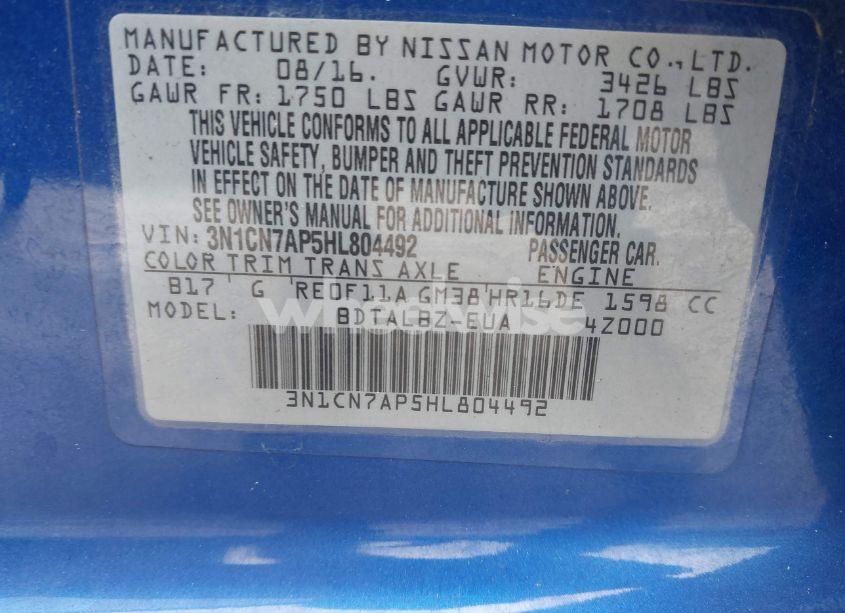 Photo 9 of 2017 Nissan Versa 1.6 SV (VIN 3N1CN7AP5HL804492)