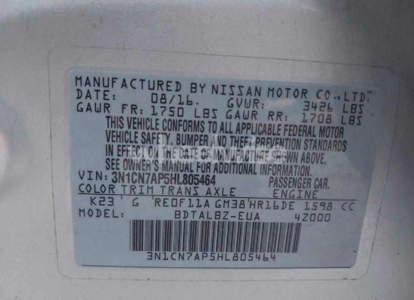 Photo 9 of 2017 Nissan Versa 1.6 S/1.6 S+/1.6 SL/1.6 SV (VIN 3N1CN7AP5HL805464)