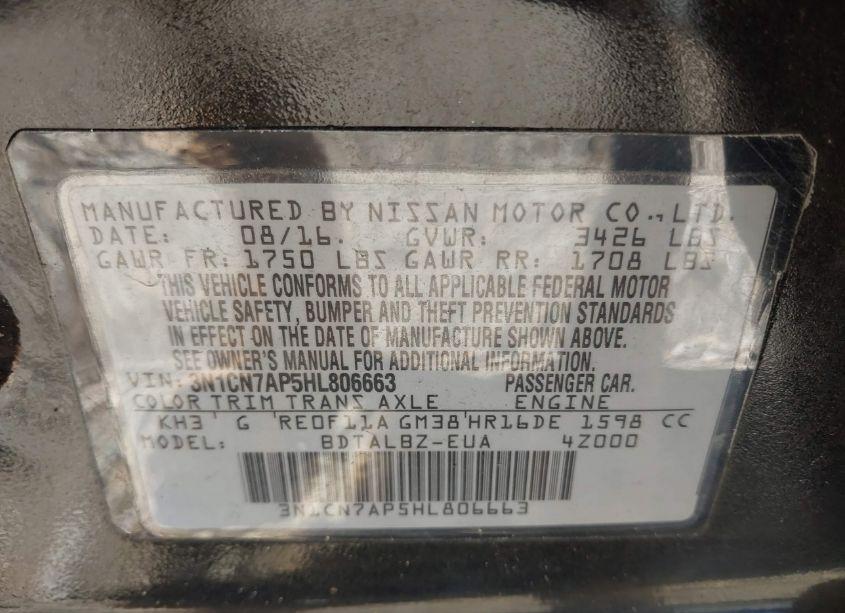 Photo 9 of 2017 Nissan Versa 1.6 SV (VIN 3N1CN7AP5HL806663)