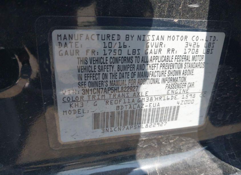 Photo 9 of 2017 Nissan Versa 1.6 S+ (VIN 3N1CN7AP5HL822927)