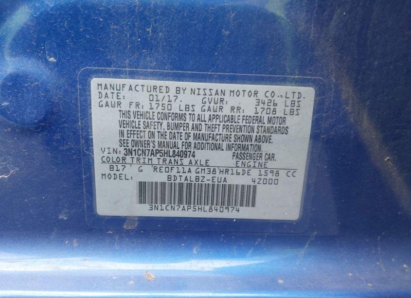 Photo 9 of 2017 Nissan Versa 1.6 SV (VIN 3N1CN7AP5HL840974)