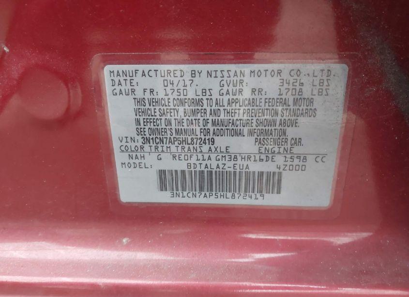 Photo 9 of 2017 Nissan Versa 1.6 S+ (VIN 3N1CN7AP5HL872419)