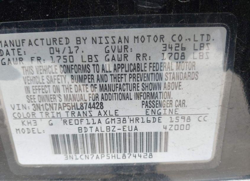 Photo 9 of 2017 Nissan Versa 1.6 SV (VIN 3N1CN7AP5HL874428)