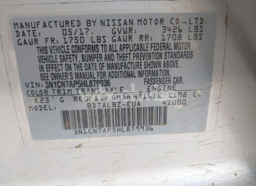 Photo 9 of 2017 Nissan Versa 1.6 SV (VIN 3N1CN7AP5HL879936)