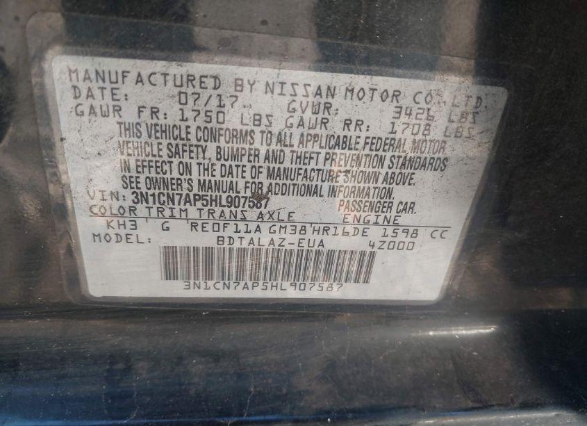 Photo 9 of 2017 Nissan Versa 1.6 S+ (VIN 3N1CN7AP5HL907587)