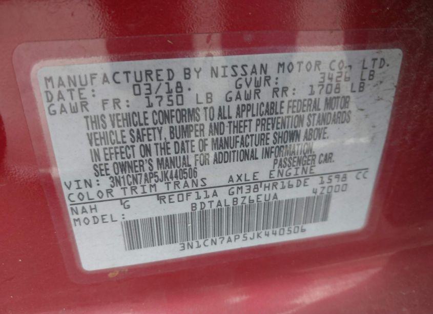 Photo 9 of 2018 Nissan Versa 1.6 SV (VIN 3N1CN7AP5JK440506)