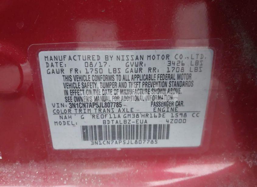 Photo 9 of 2018 Nissan Versa 1.6 SV (VIN 3N1CN7AP5JL807785)