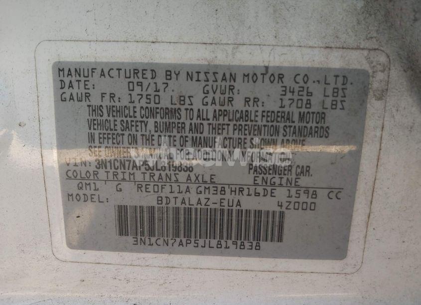 Photo 9 of 2018 Nissan Versa 1.6 S+ (VIN 3N1CN7AP5JL819838)