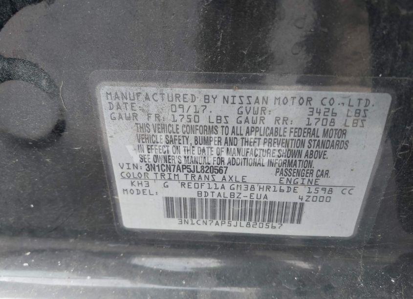 Photo 9 of 2018 Nissan Versa 1.6 SV (VIN 3N1CN7AP5JL820567)