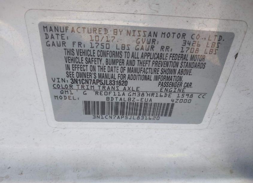 Photo 9 of 2018 Nissan Versa 1.6 SV (VIN 3N1CN7AP5JL831620)