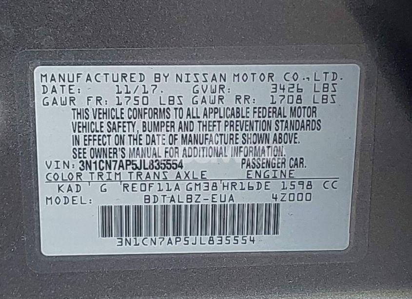 Photo 9 of 2018 Nissan Versa 1.6 SV (VIN 3N1CN7AP5JL835554)