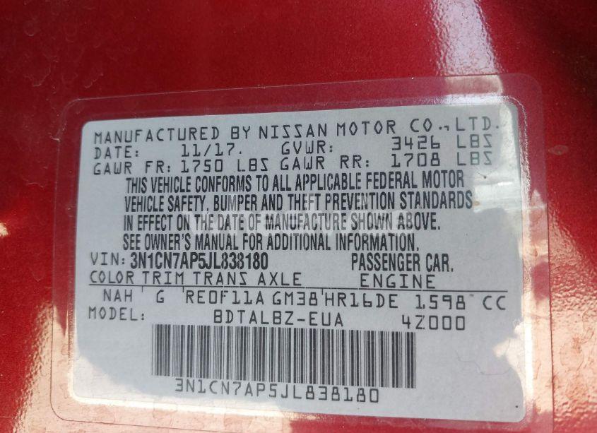 Photo 9 of 2018 Nissan Versa 1.6 SV (VIN 3N1CN7AP5JL838180)