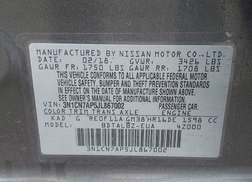 Photo 9 of 2018 Nissan Versa 1.6 SV (VIN 3N1CN7AP5JL867002)