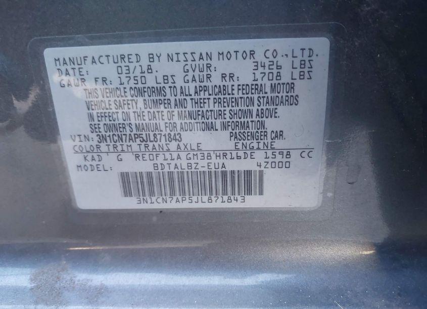 Photo 9 of 2018 Nissan Versa 1.6 SV (VIN 3N1CN7AP5JL871843)