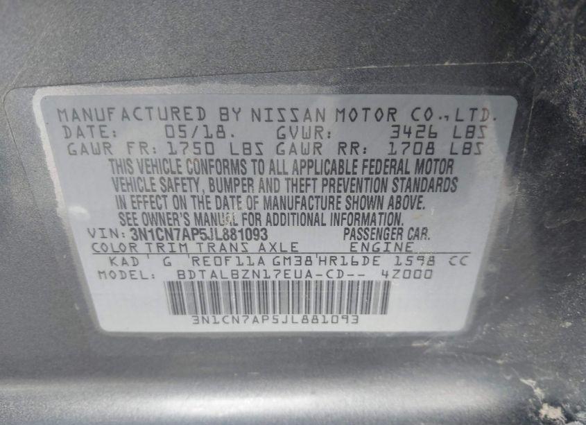 Photo 9 of 2018 Nissan Versa 1.6 SV (VIN 3N1CN7AP5JL881093)