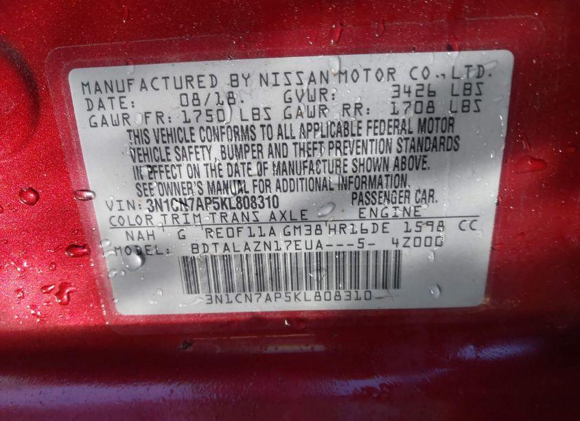 Photo 9 of 2019 Nissan Versa 1.6 S+ (VIN 3N1CN7AP5KL808310)