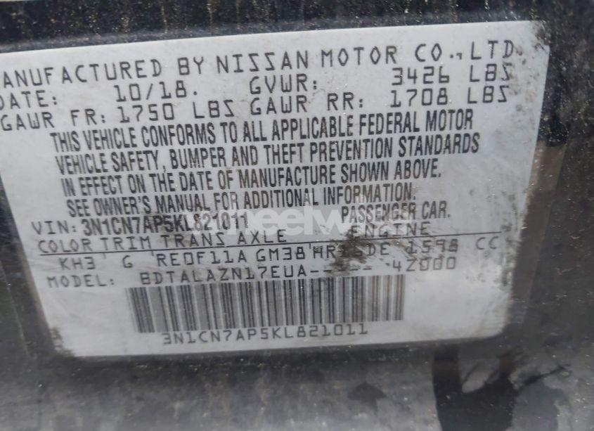 Photo 9 of 2019 Nissan Versa 1.6 S+ (VIN 3N1CN7AP5KL821011)