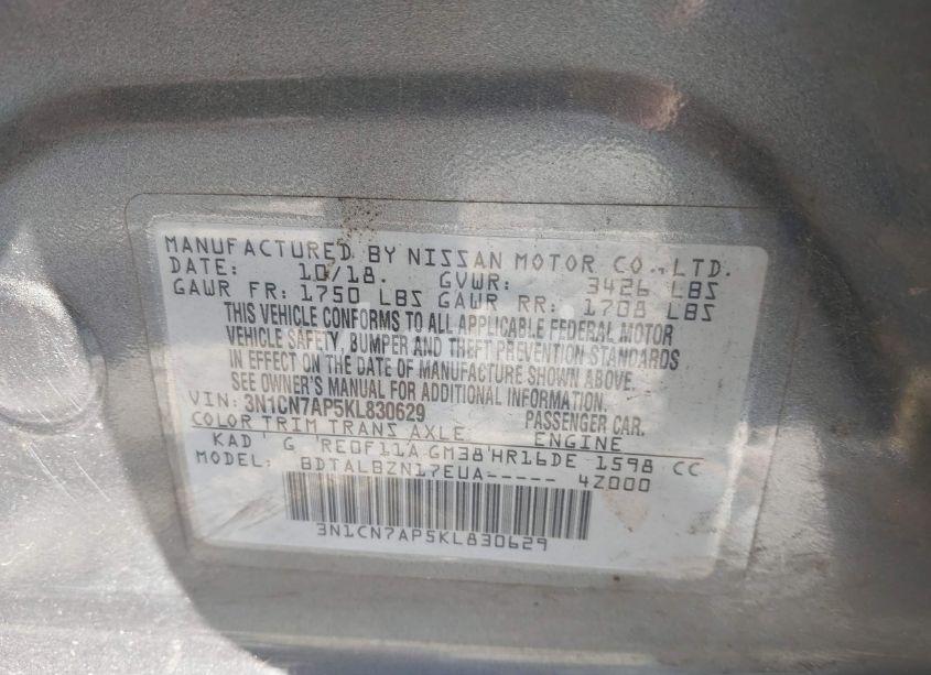 Photo 9 of 2019 Nissan Versa 1.6 SV (VIN 3N1CN7AP5KL830629)