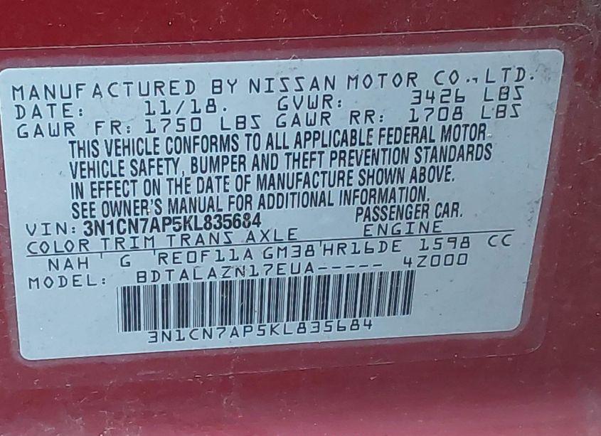 Photo 9 of 2019 Nissan Versa 1.6 S+ (VIN 3N1CN7AP5KL835684)