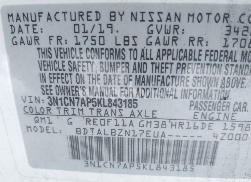 Photo 9 of 2019 Nissan Versa 1.6 SV (VIN 3N1CN7AP5KL843185)