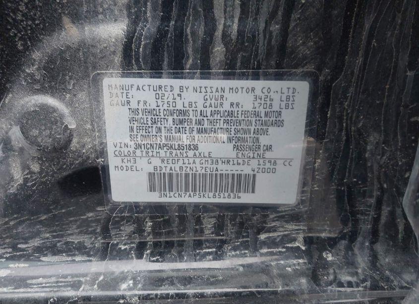 Photo 9 of 2019 Nissan Versa 1.6 SV (VIN 3N1CN7AP5KL851836)