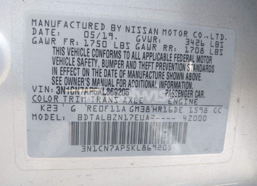 Photo 9 of 2019 Nissan Versa 1.6 SV (VIN 3N1CN7AP5KL869205)