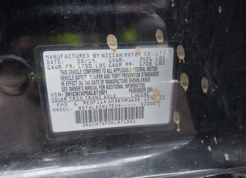 Photo 9 of 2019 Nissan Versa 1.6 S+ (VIN 3N1CN7AP5KL871021)