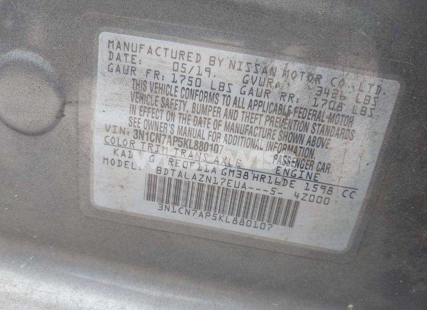 Photo 9 of 2019 Nissan Versa 1.6 S+ (VIN 3N1CN7AP5KL880107)