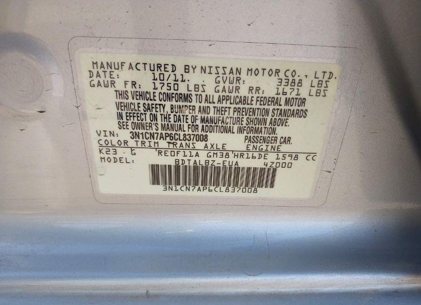 Photo 9 of 2012 Nissan Versa 1.6 SV (VIN 3N1CN7AP6CL837008)