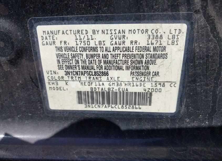 Photo 9 of 2012 Nissan Versa 1.6 SV (VIN 3N1CN7AP6CL852866)