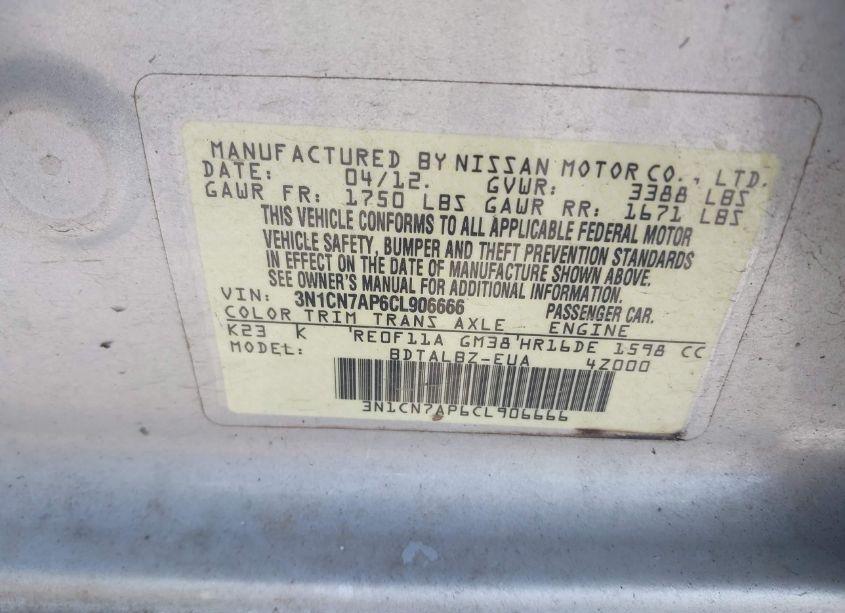 Photo 9 of 2012 Nissan Versa 1.6 SV (VIN 3N1CN7AP6CL906666)