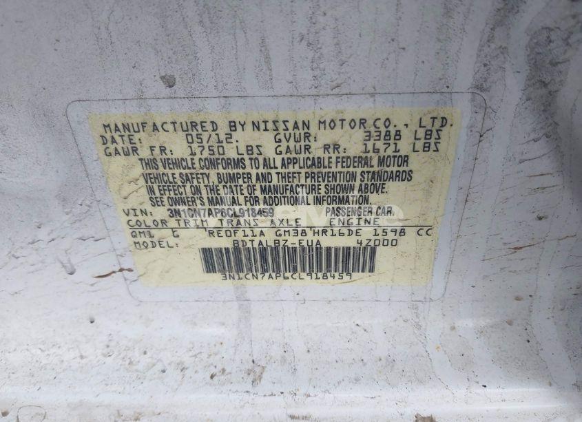Photo 9 of 2012 Nissan Versa 1.6 SV (VIN 3N1CN7AP6CL918459)