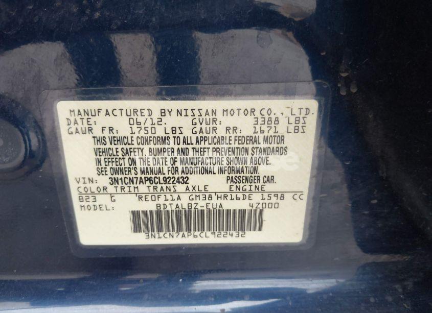 Photo 9 of 2012 Nissan Versa 1.6 SV (VIN 3N1CN7AP6CL922432)