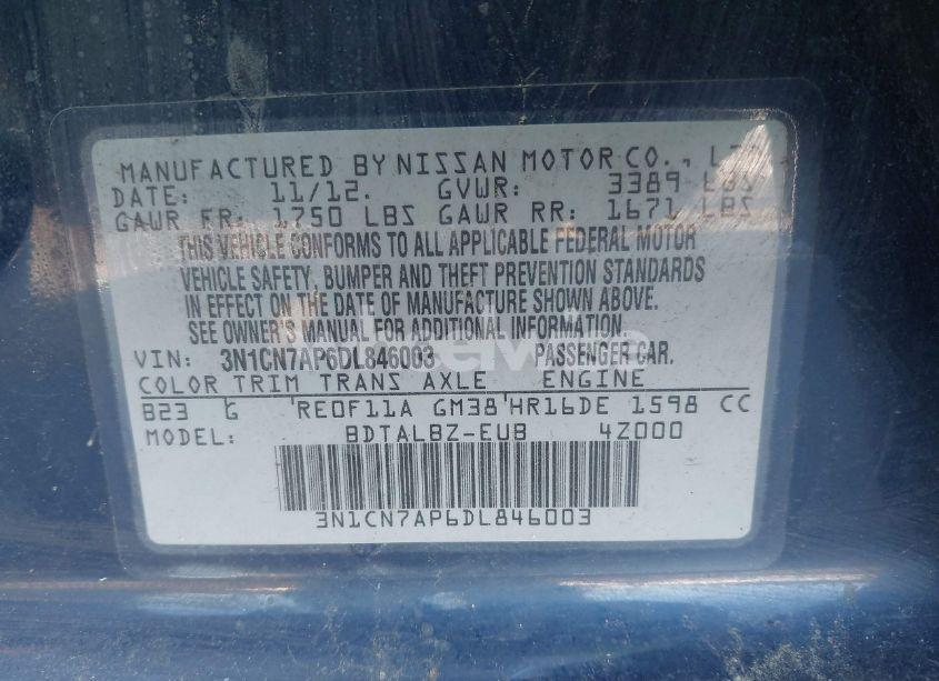 Photo 9 of 2013 Nissan Versa 1.6 SV (VIN 3N1CN7AP6DL846003)