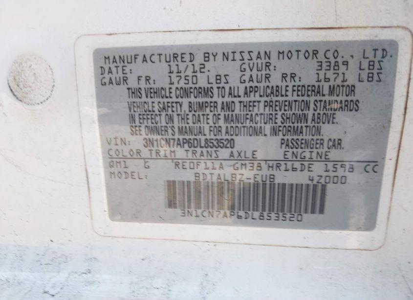 Photo 9 of 2013 Nissan Versa 1.6 SV (VIN 3N1CN7AP6DL853520)