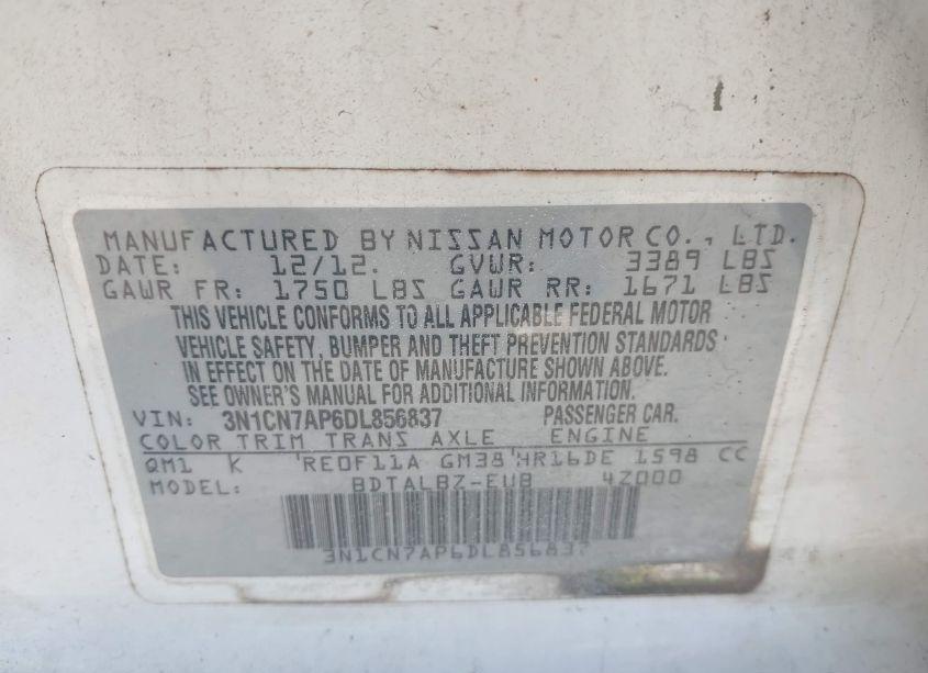 Photo 9 of 2013 Nissan Versa 1.6 SV (VIN 3N1CN7AP6DL856837)