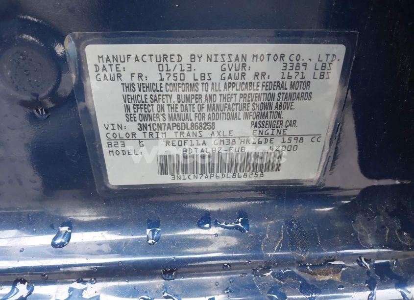 Photo 9 of 2013 Nissan Versa 1.6 SV (VIN 3N1CN7AP6DL868258)