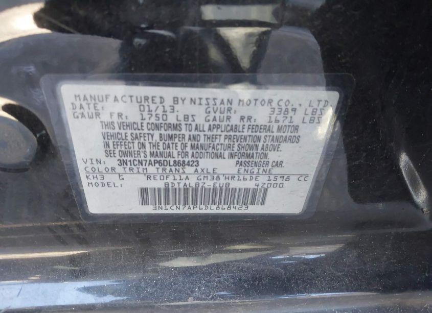 Photo 9 of 2013 Nissan Versa 1.6 SV (VIN 3N1CN7AP6DL868423)