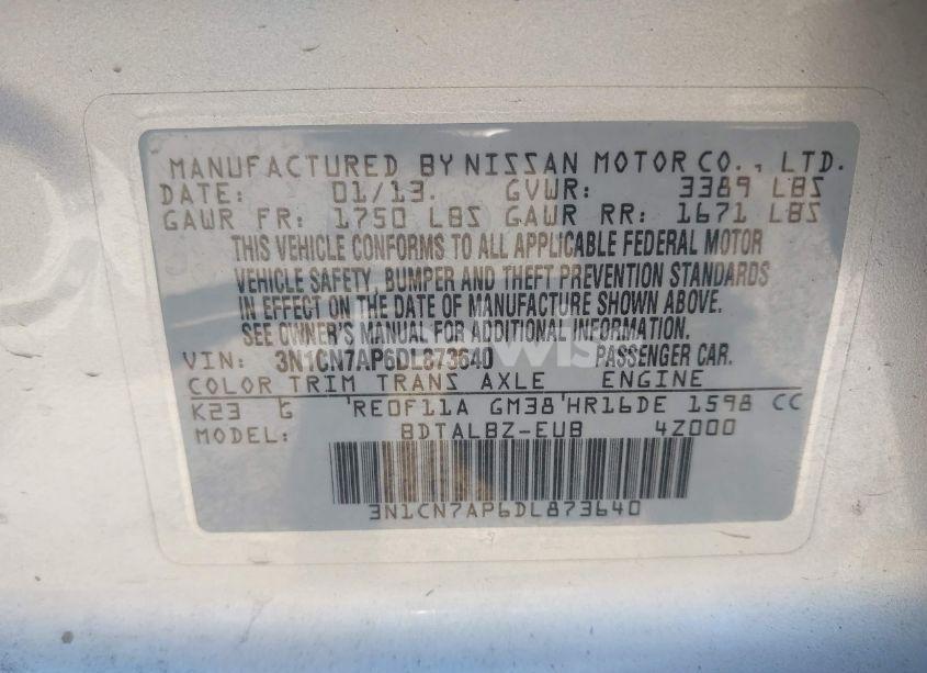 Photo 9 of 2013 Nissan Versa 1.6 SV (VIN 3N1CN7AP6DL873640)