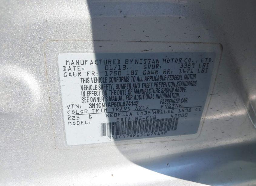 Photo 9 of 2013 Nissan Versa 1.6 SV (VIN 3N1CN7AP6DL874142)