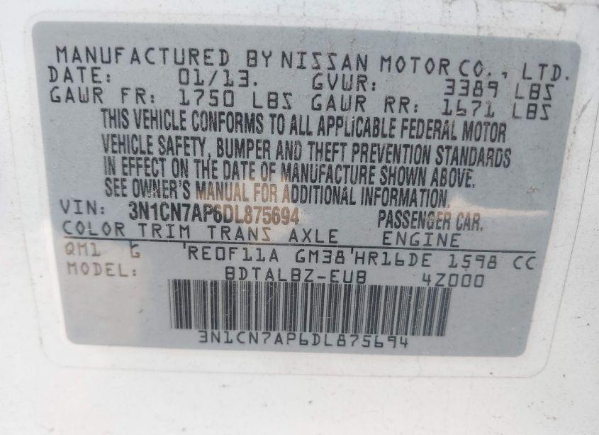 Photo 9 of 2013 Nissan Versa 1.6 SV (VIN 3N1CN7AP6DL875694)